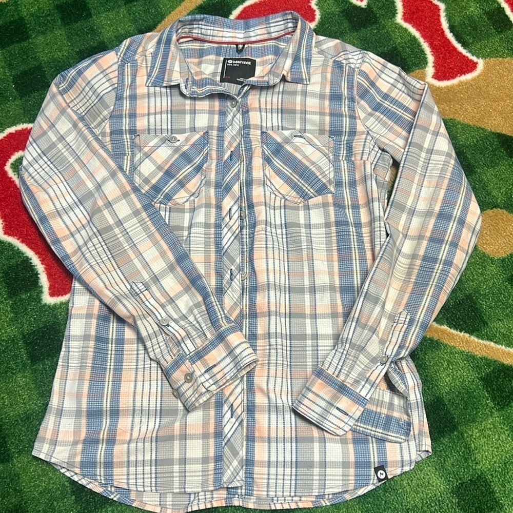 Marmot Flannel Women's Small Button Up Long Sleeve Shirt 2 Pockets Blue Plaid